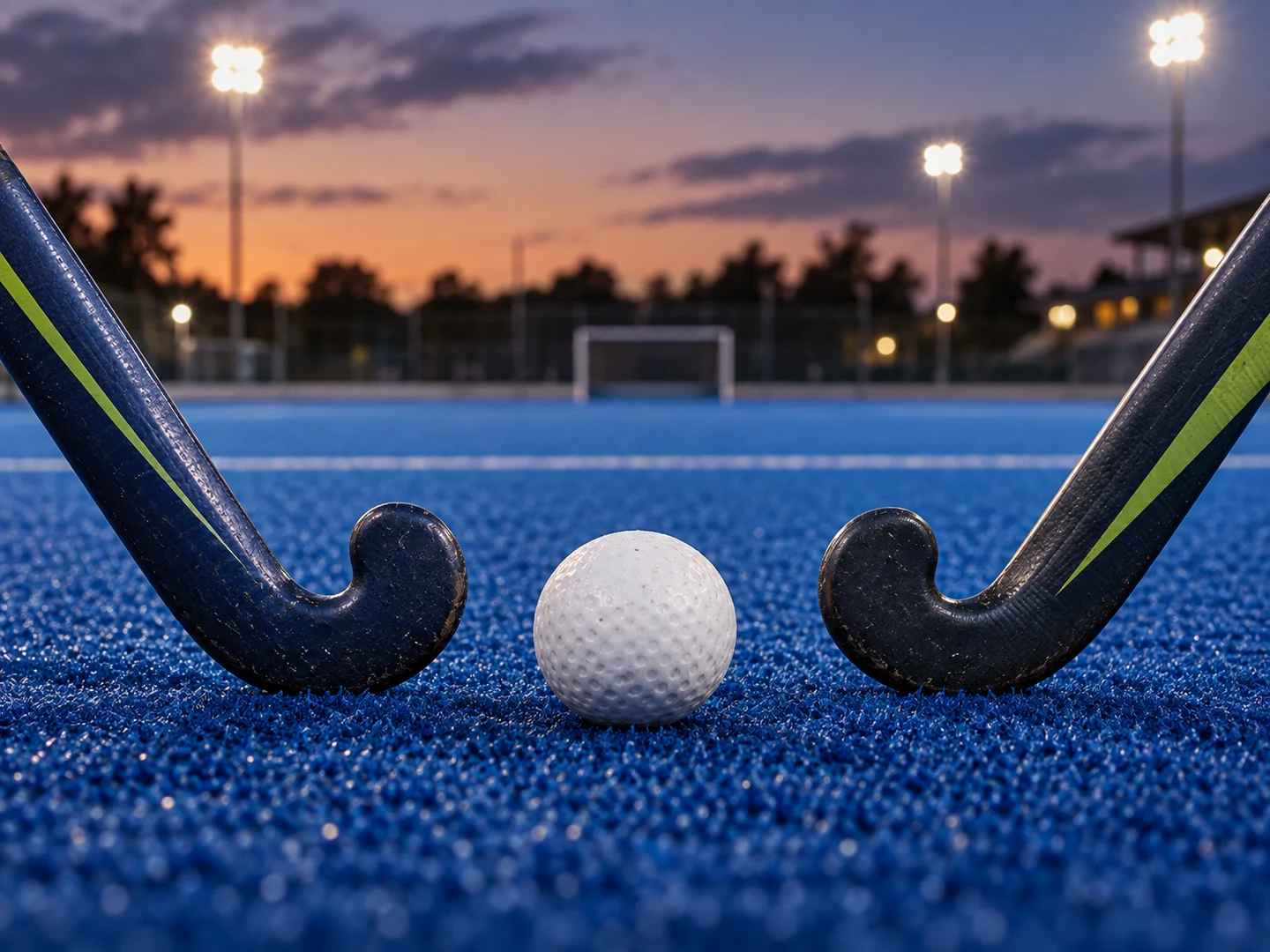 Ilustración de dos palos de hockey y una bocha sobre césped sintético.